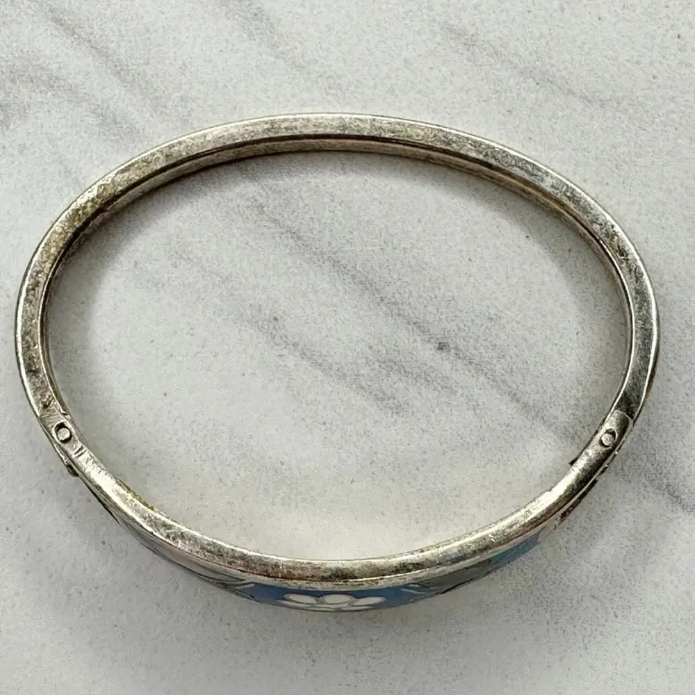 Vintage Mexico Blue Inlay Abalone Butterfly White Flower Child Hinged Bangle ✨